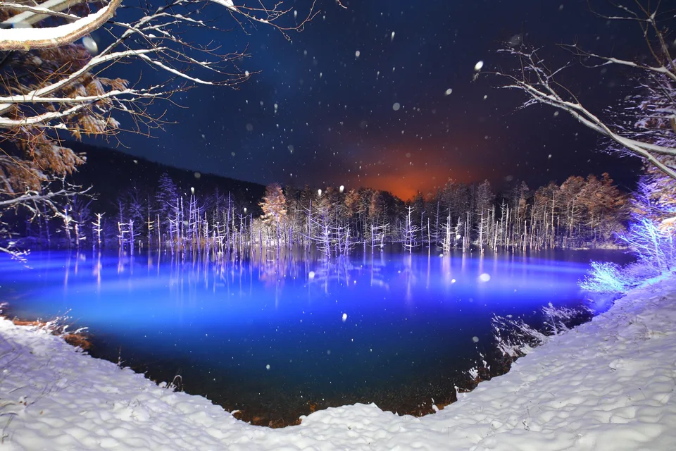 Snow falling over the illuminated Blue Pond at night