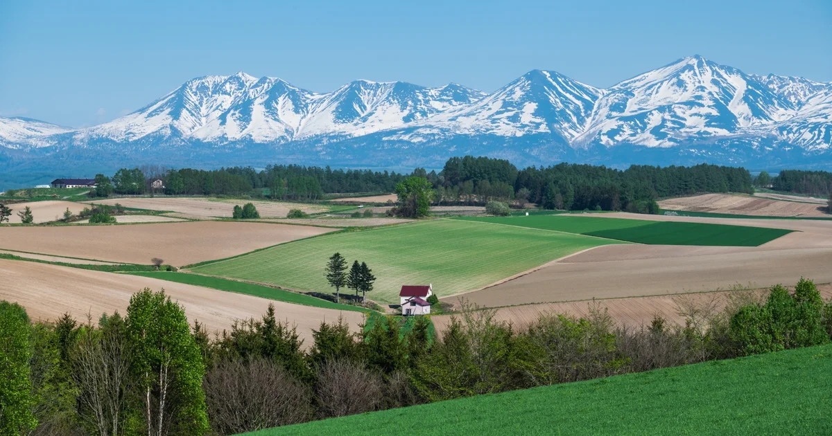 Biei fields and rolling hills with snow remaining on distant mountains