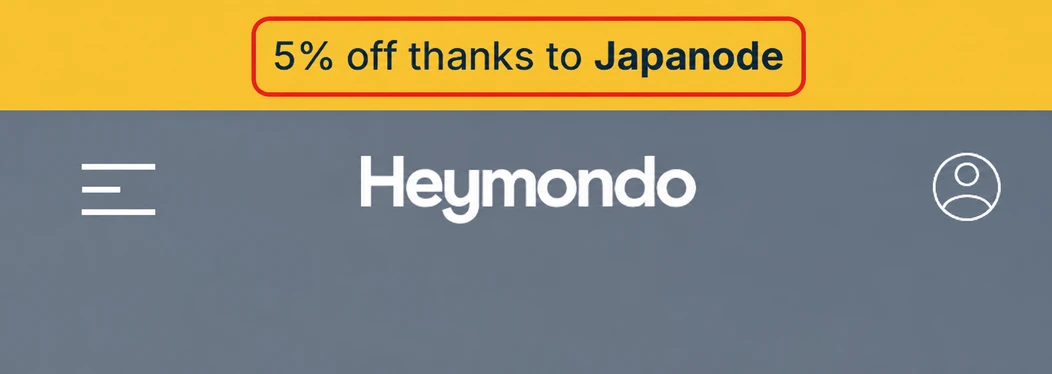 Heymondo screenshot with the yellow banner "5% off thanks to Japanode" highlighted in red.
