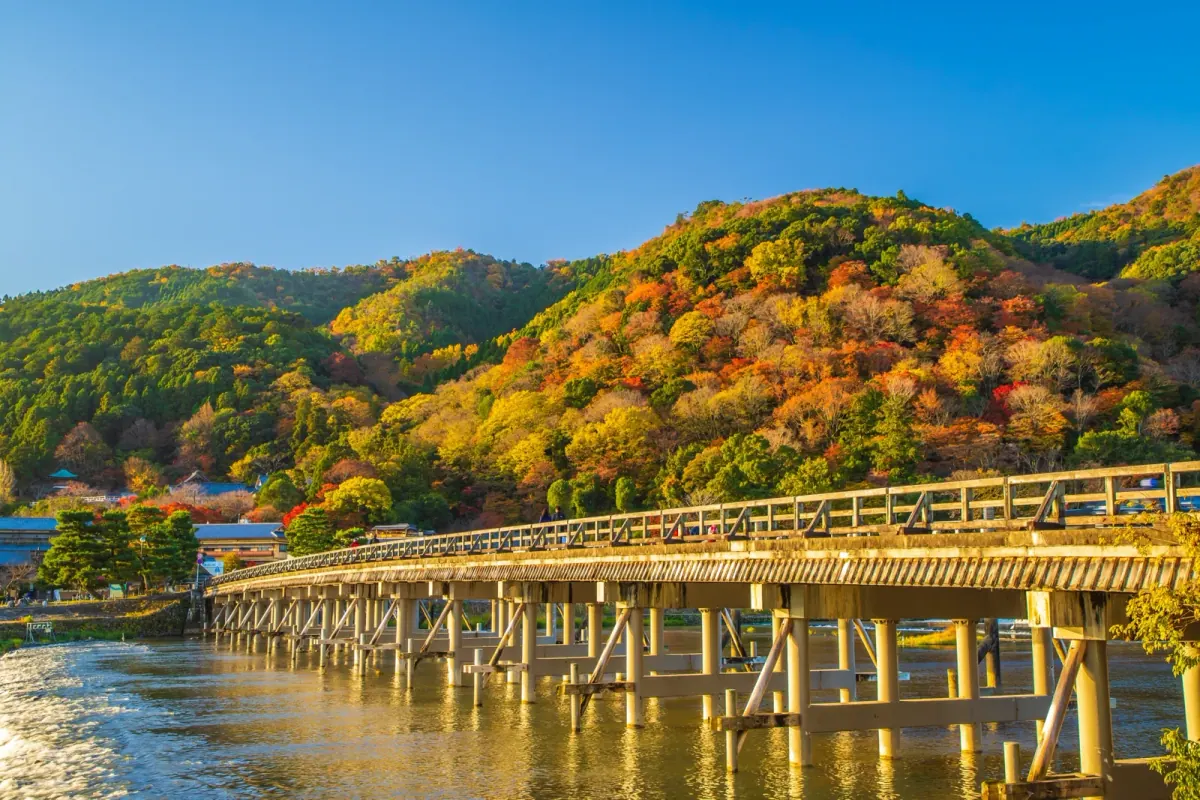 Togetsukyo Bridge and autumn hills in Arashiyama, Kyoto