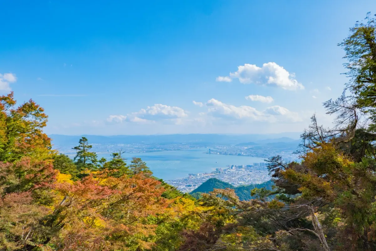 Lake Biwa viewed from Mt. Hiei under autumn skies