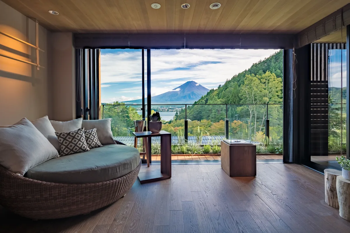 Sitting area looking toward Mount Fuji at FUFU Kawaguchiko