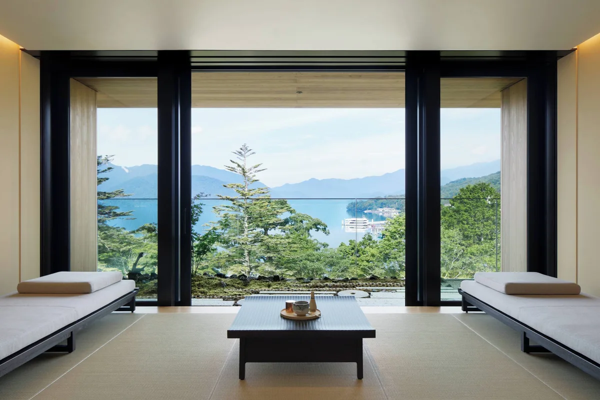 Engawa seating looking toward Lake Chuzenji at The Ritz-Carlton, Nikko