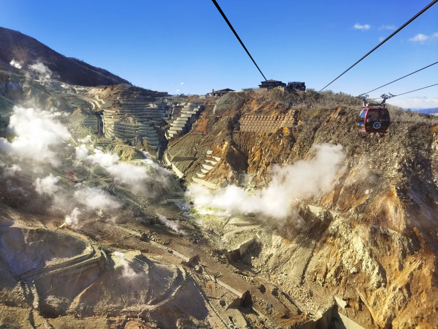A red Hakone Ropeway gondola above the steaming volcanic valley at Owakudani