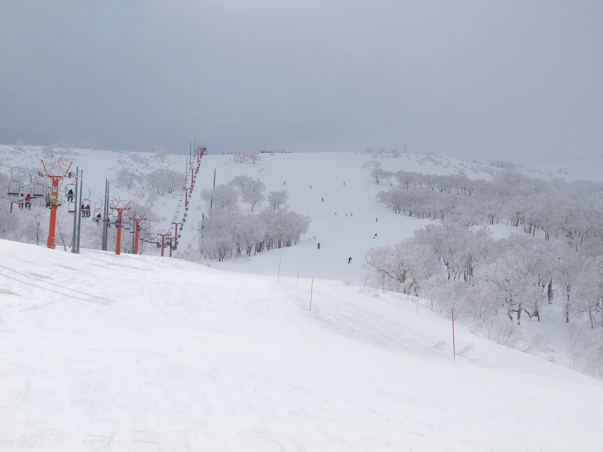 Skiers and a chairlift on a snowy Niseko slope under an overcast sky