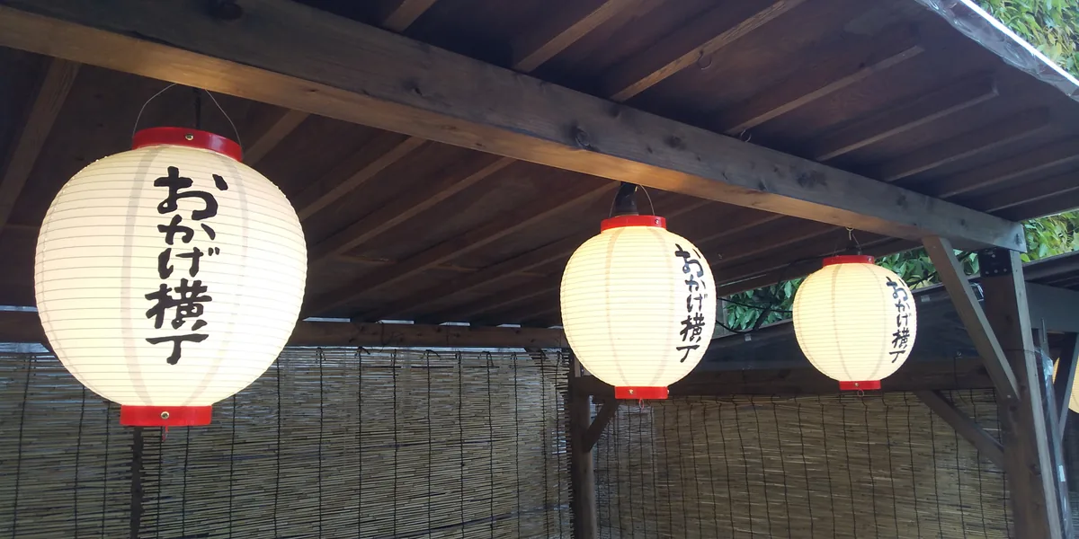 White paper lanterns bearing the name Okage Yokocho beneath wooden eaves