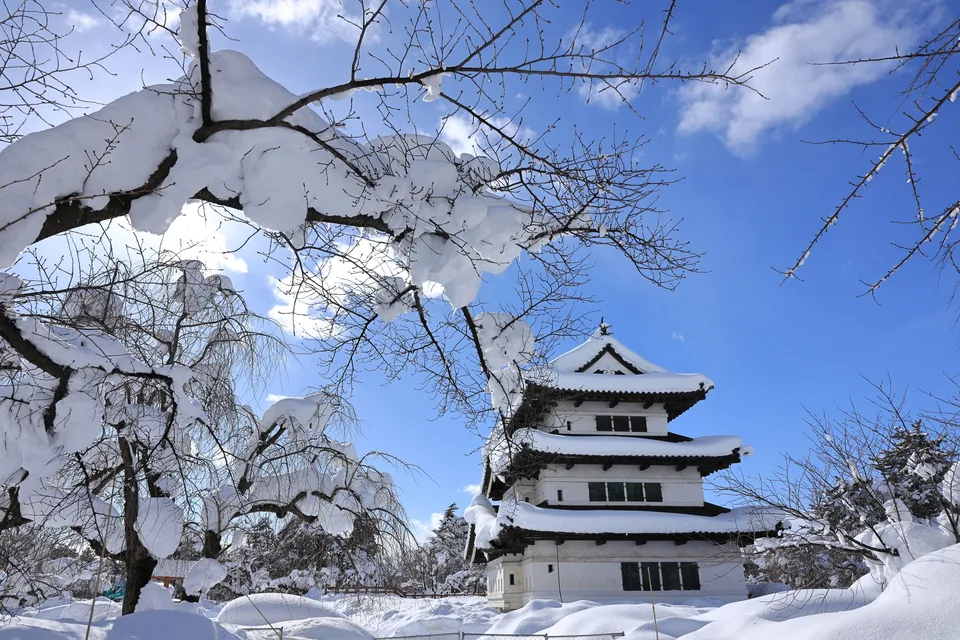 Hirosaki Castle's white keep framed by snow-covered branches under a blue sky
