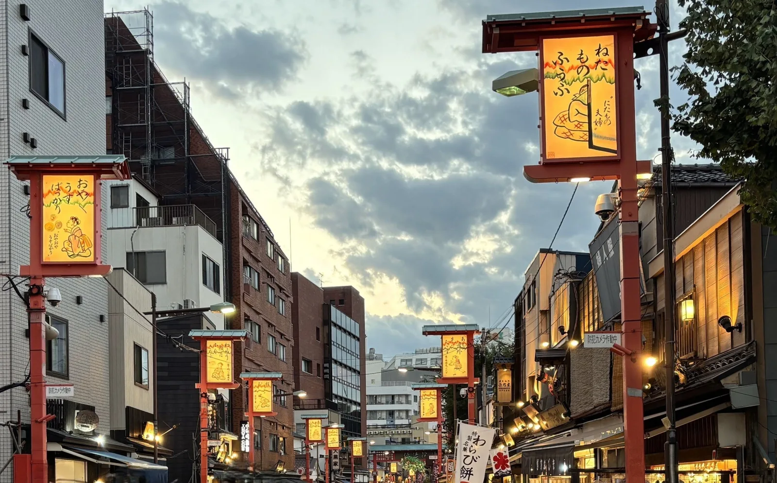 Warm street lanterns glowing above an Asakusa street at dusk
