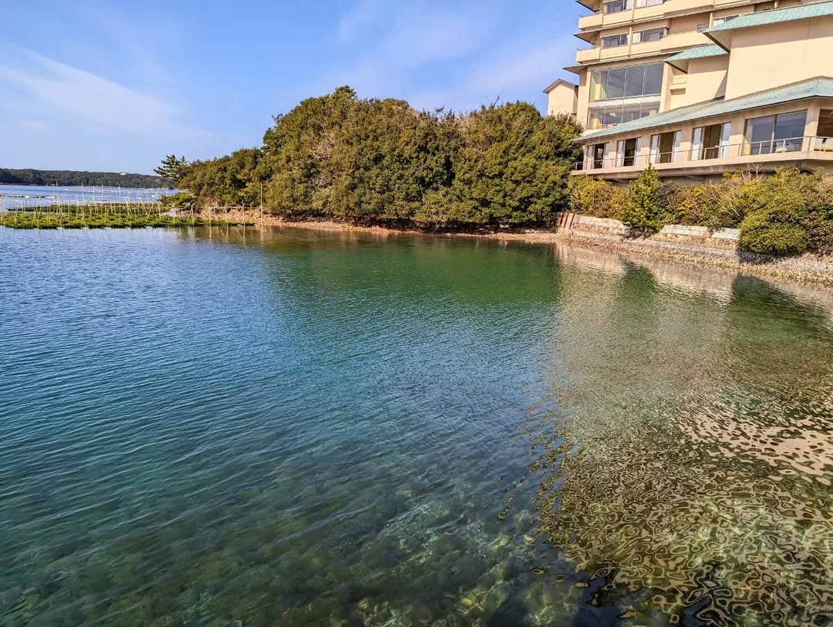 寶生苑石砌護岸旁的清澈海水,岸邊有樹木與飯店建築