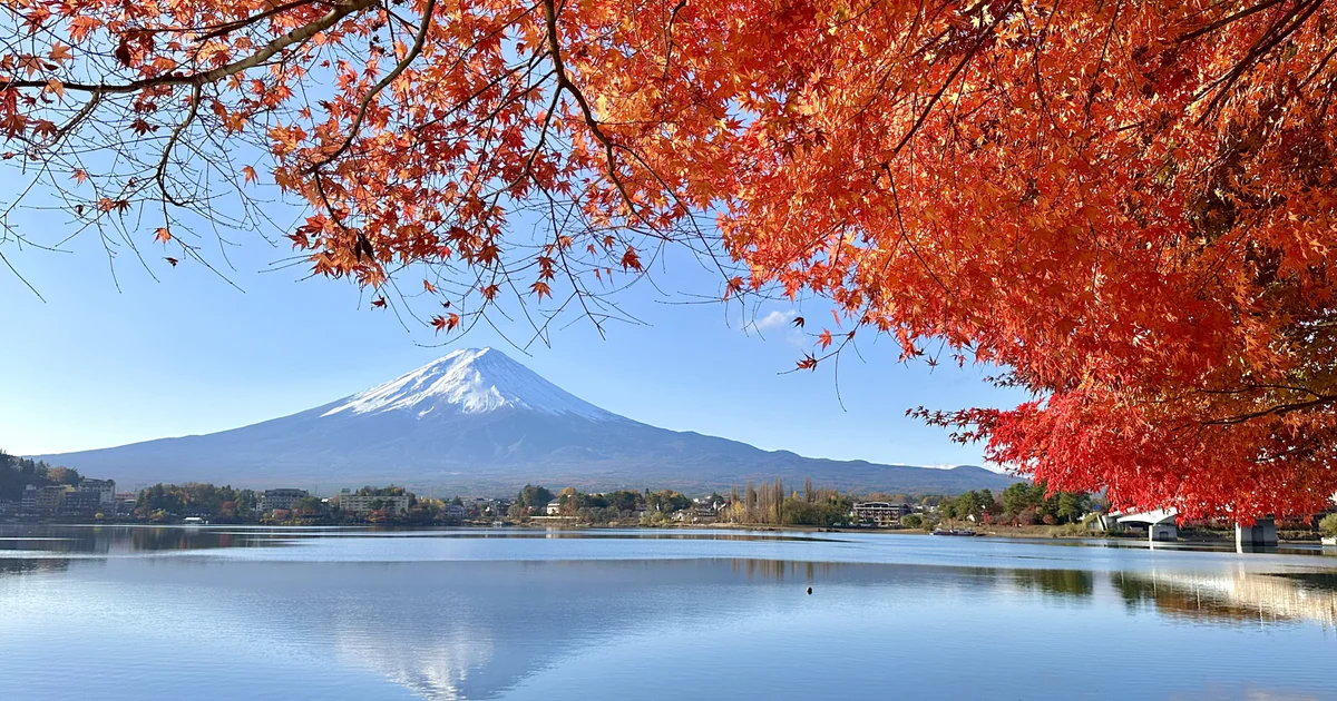 Mount Fuji beyond Lake Kawaguchiko, framed by autumn leaves