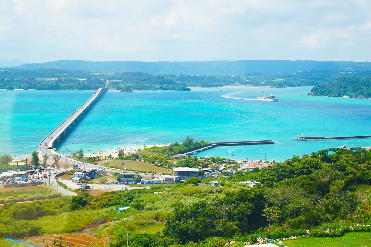 Kouri Bridge and turquoise coastal water viewed from the ocean tower