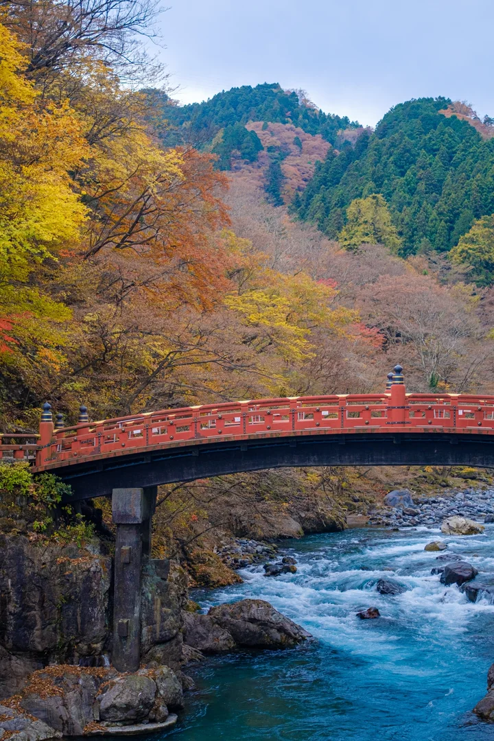 The red Shinkyo Bridge crosses the Daiya River beneath yellow autumn trees.