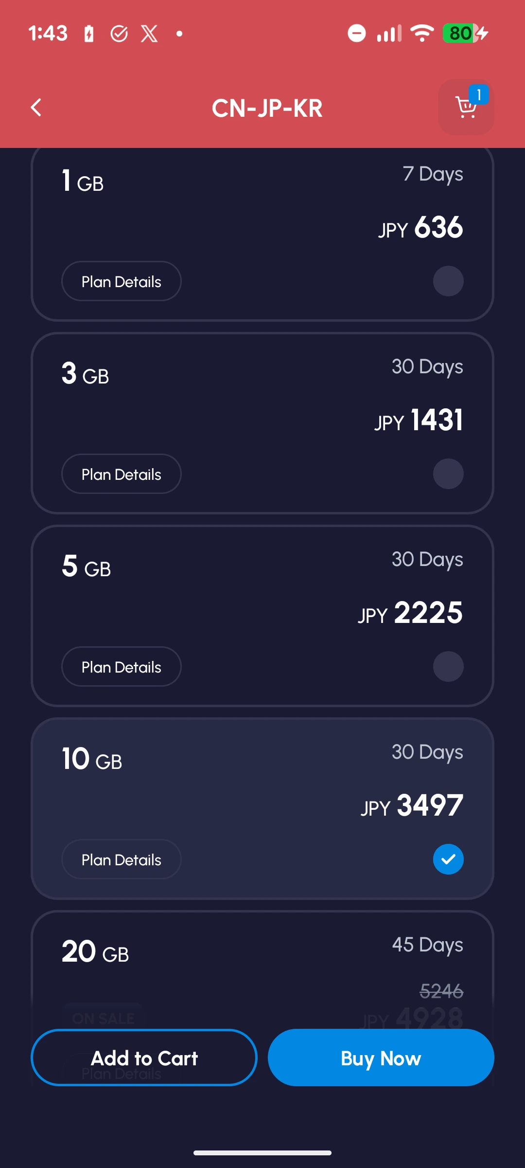 CN-JP-KR regional plan selection showing 10 GB for 30 days