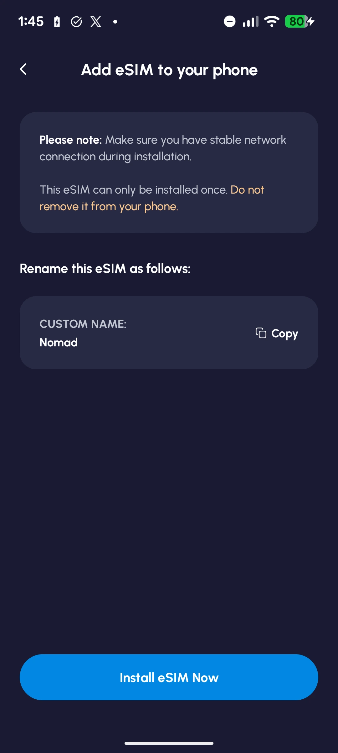 Installation notice asking for a stable internet connection and warning against removing the eSIM