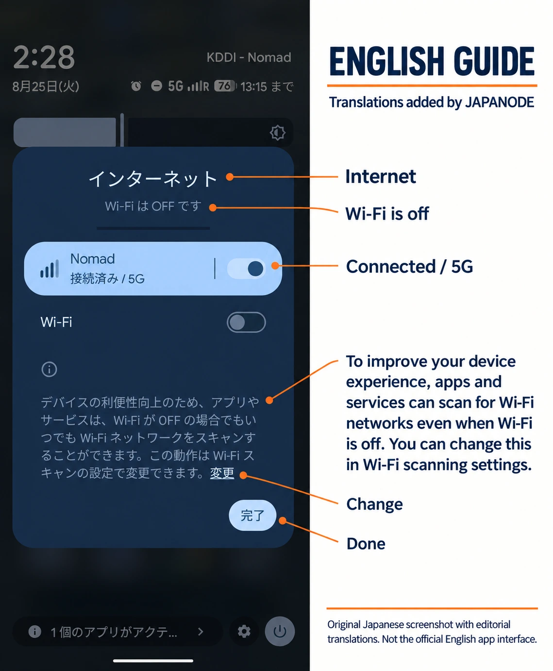 Android quick settings with mobile data enabled, a 5G indicator and WiFi disabled
