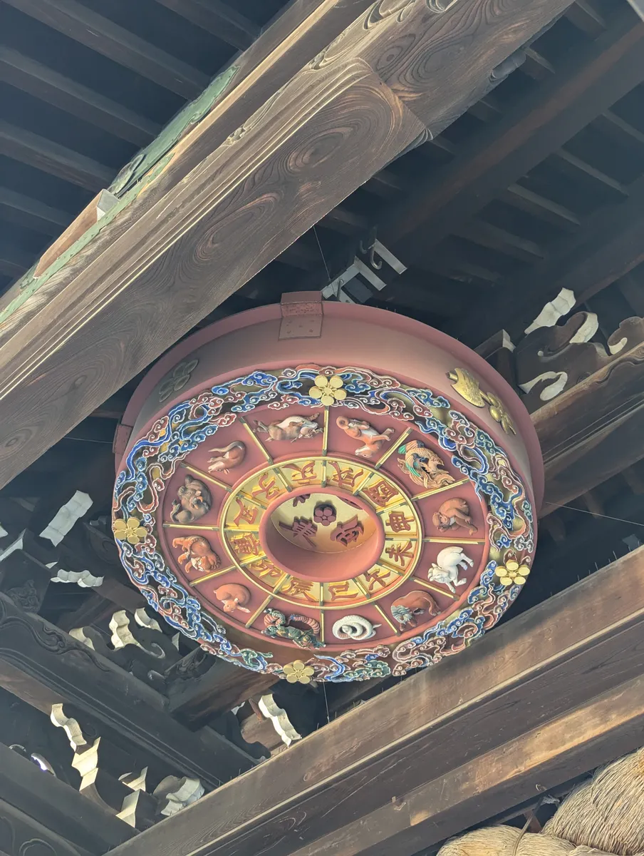 Colorful circular zodiac decoration on the ceiling beneath Osaka Tenmangu's main gate