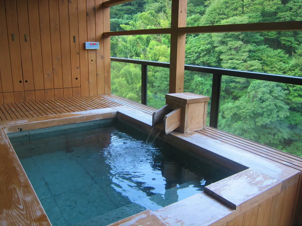 A rectangular wooden bath inside a timber room, with large windows facing a green hillside