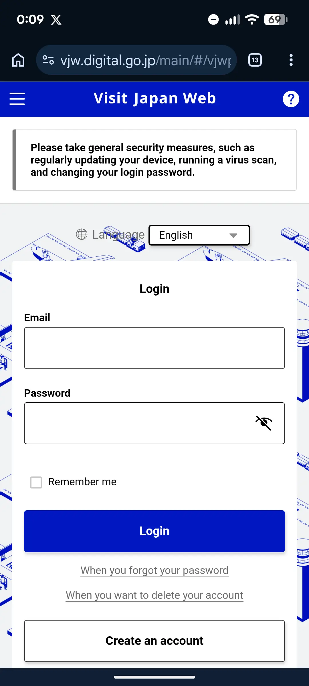 Visit Japan Web account creation screen with email, password, and password confirmation fields