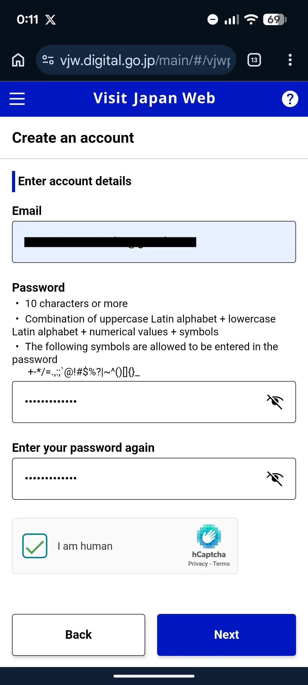 Password rule notice showing 10 characters minimum with mixed letters, numbers, and symbols