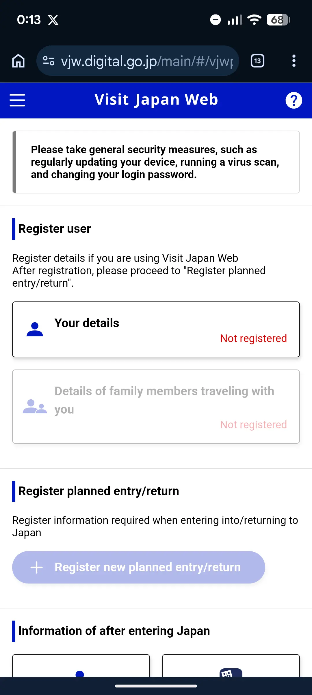 Visit Japan Web account dashboard showing three main actions: register trip, edit traveler details, and view registered trips