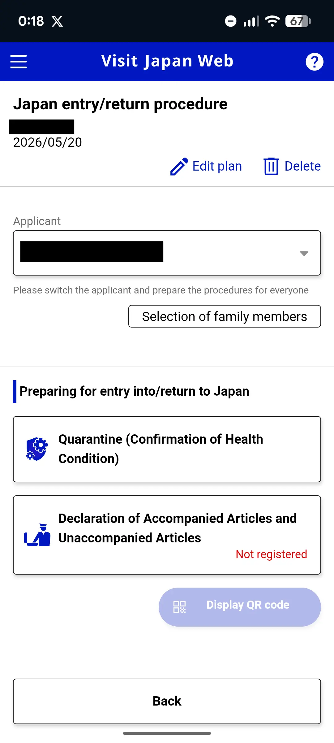 Japan entry/return procedure hub showing two cards: Quarantine (Confirmation of Health Condition) and Declaration of Accompanied Articles and Unaccompanied Articles