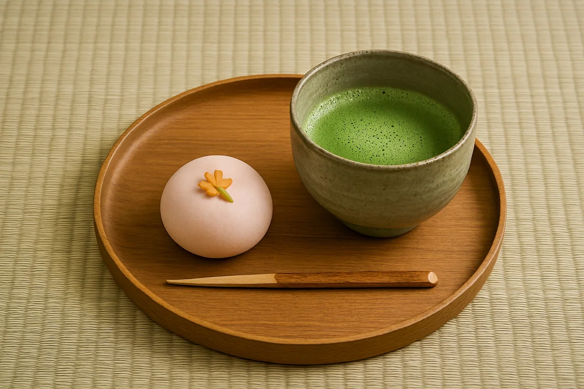 A pale pink Japanese sweet decorated with a small leaf, served beside a bowl of matcha
