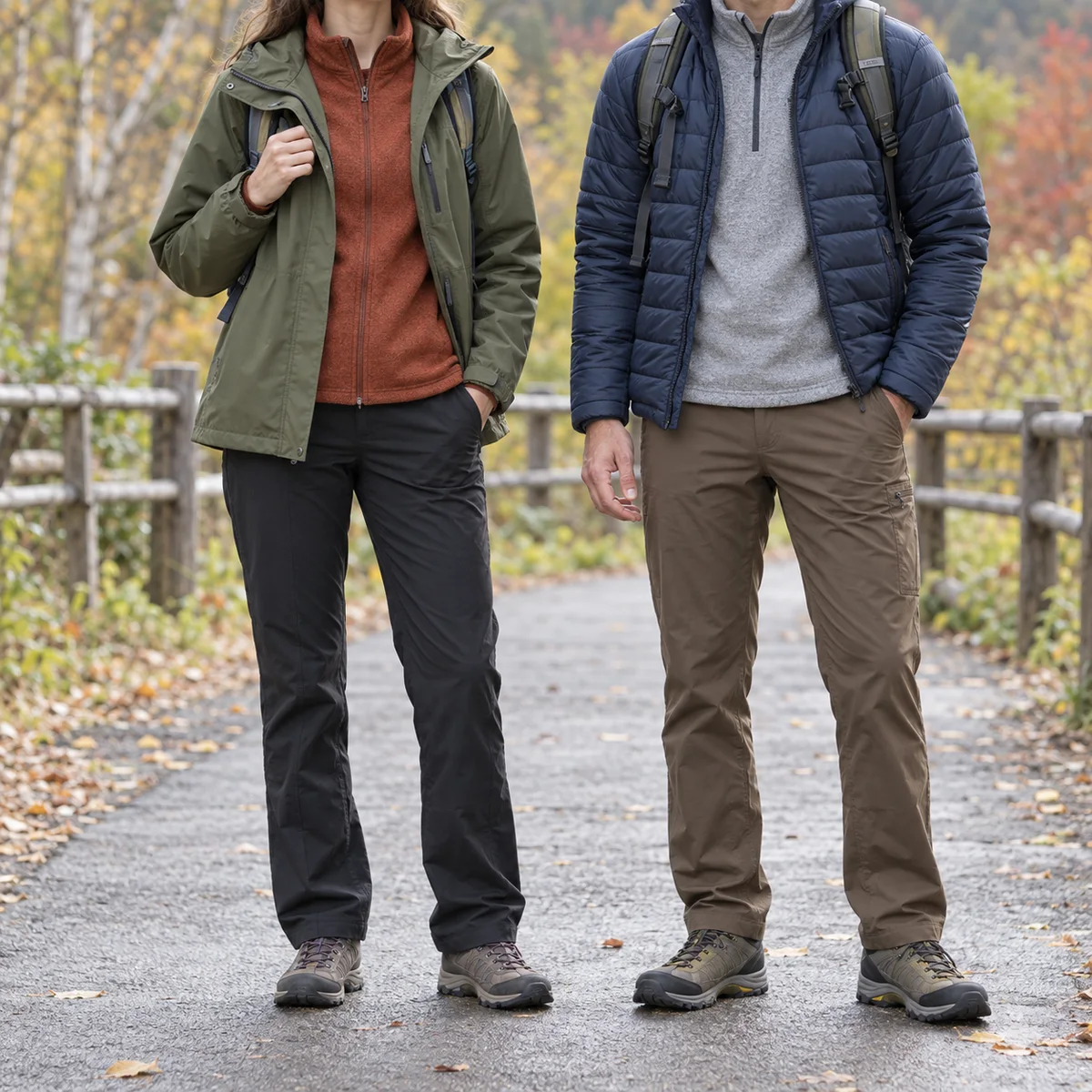 Woman and man shown neck-down in fleece and weather-resistant or insulated jackets, outdoor trousers and sturdy shoes.
