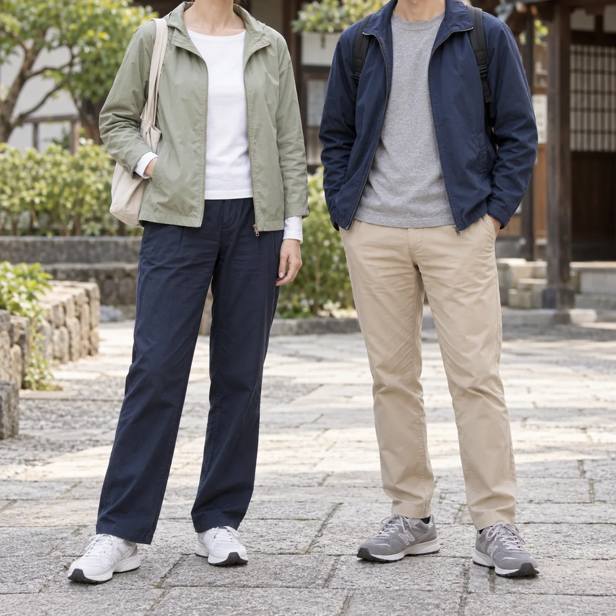 Woman and man shown neck-down in thin jackets over long-sleeve tops, trousers and walking sneakers.