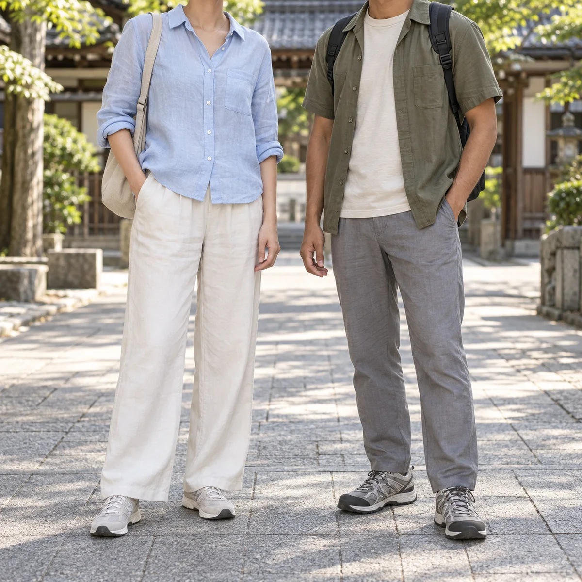 Woman and man shown neck-down in airy shirts, loose lightweight trousers and walking sneakers.