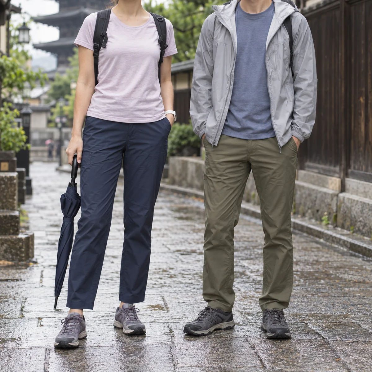 Woman and man shown neck-down with light rain gear, an umbrella, quick-dry trousers and walking shoes.
