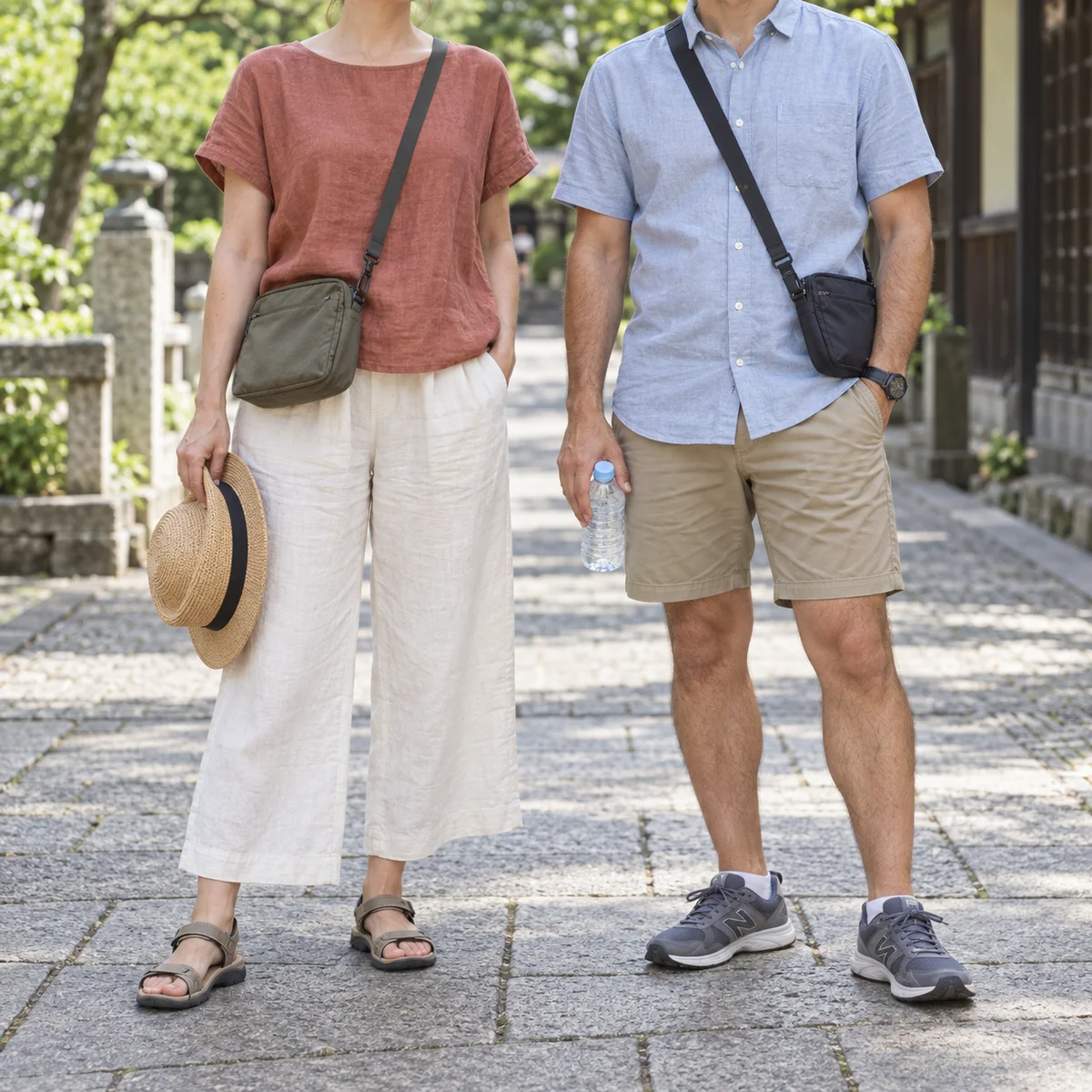 Woman and man shown neck-down in breathable short-sleeve tops, light trousers or shorts, sandals and sneakers.
