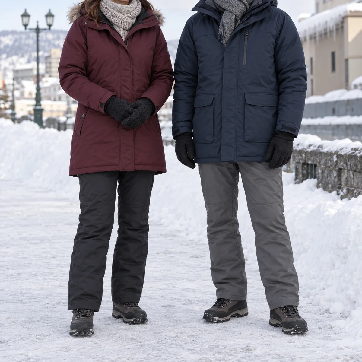 Woman and man shown neck-down in thick parkas, scarves, gloves, insulated trousers and winter boots on packed snow.