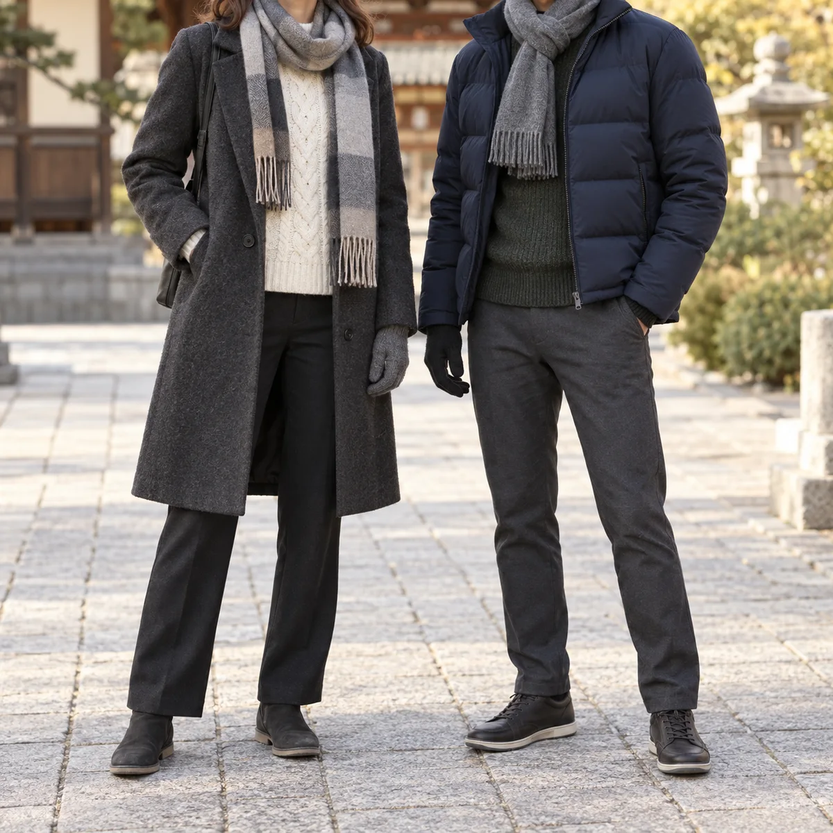 Woman and man shown neck-down in a wool coat and down jacket, knitwear, scarves, gloves and closed walking shoes.