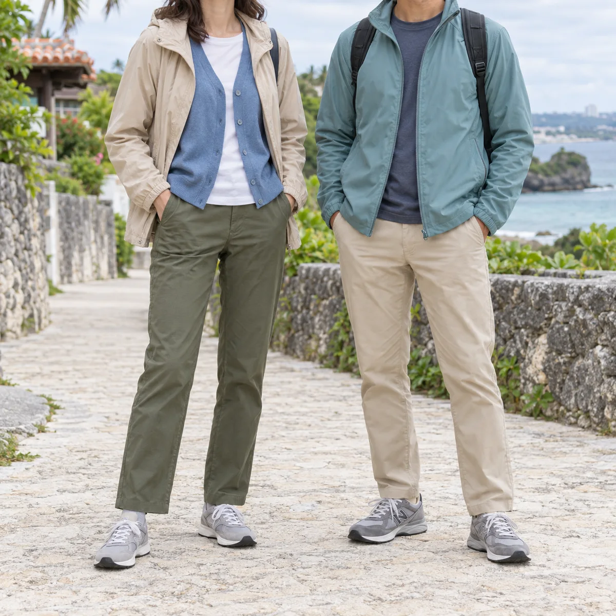 Woman and man shown neck-down in light windbreakers, thin layers, long trousers and sneakers in a coastal setting.