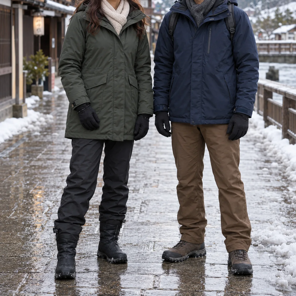 Woman and man shown neck-down in weatherproof winter parkas, long trousers, gloves and boots on slushy pavement.