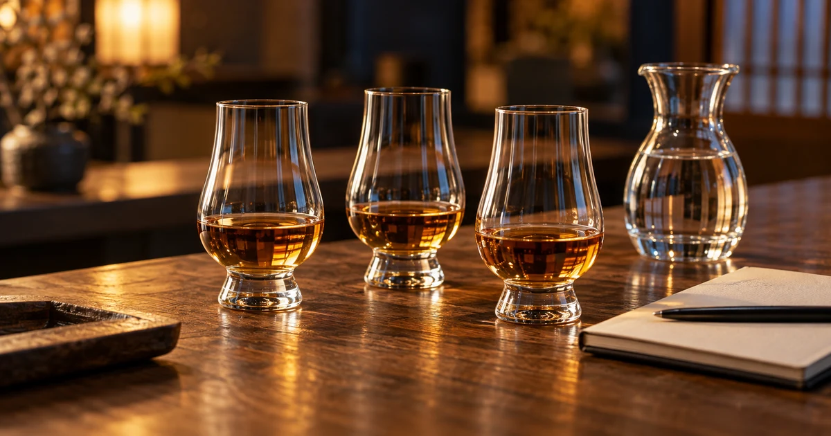 Three glasses of amber whisky on a wooden counter in an illustrative scene