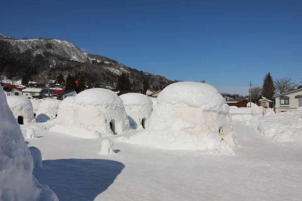 Large round snow huts standing below a wooded snowy hillside in Iiyama