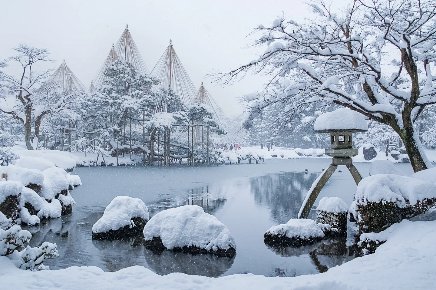 Kenrokuen's stone lantern beside a pond, with snow-covered trees and yukitsuri ropes
