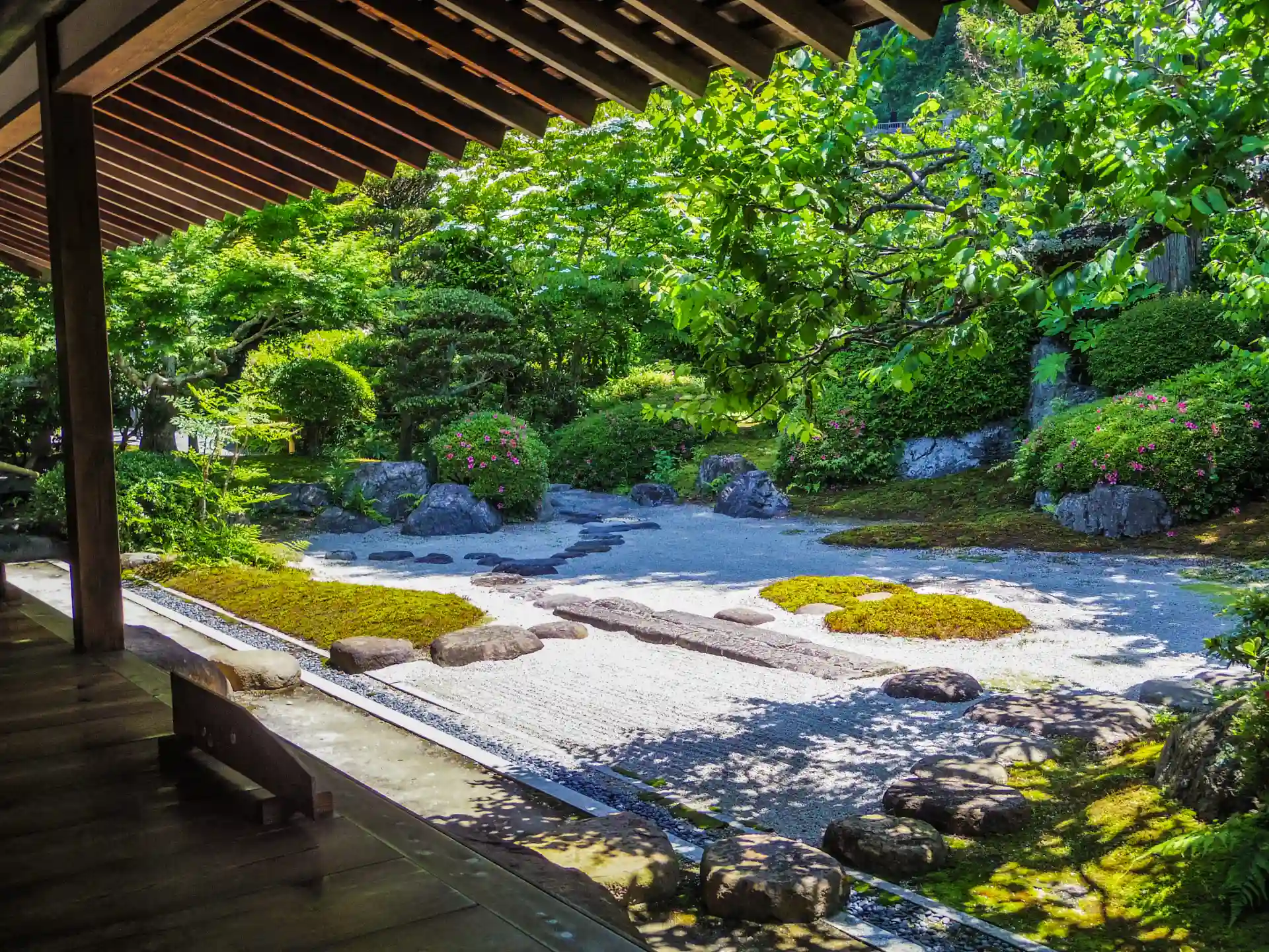 Dry-stone and moss garden viewed from the engawa veranda of a Kyoto Zen temple